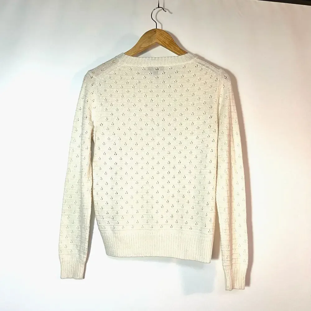 J. Crew Sweater Medium Open Knit Eyelet Cream Ivory Crewneck Alpaca Wool